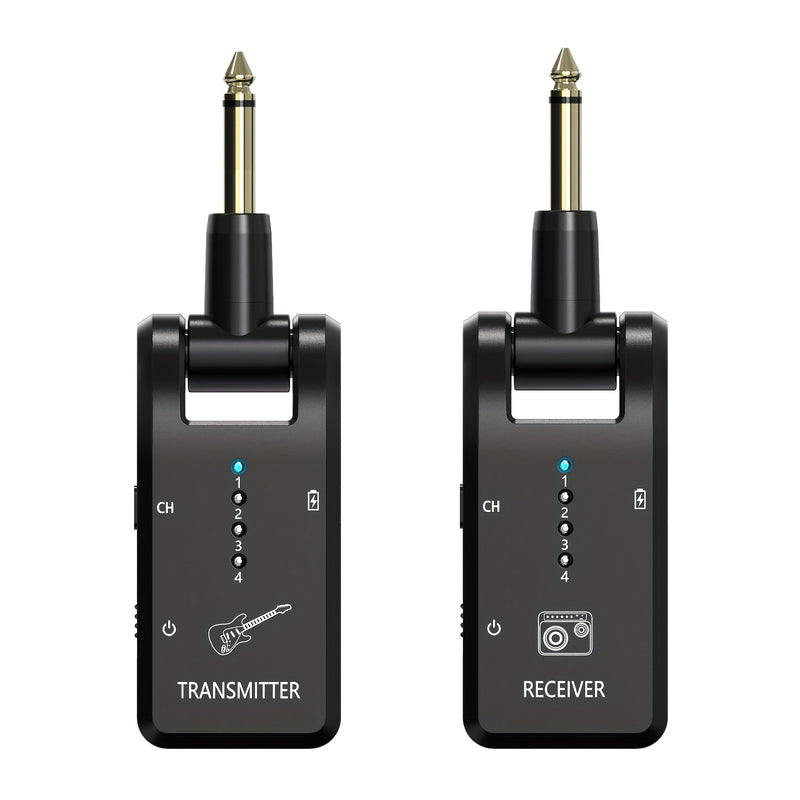 Sistema de guitarra inalámbrico de 2,4 GHz, receptor de audio recargable de 8 canales con carga USB-C, baja latencia para guitarra eléctrica, bajo y más, incluye amplificador, micrófono y accesorios para bajo y guitarra.