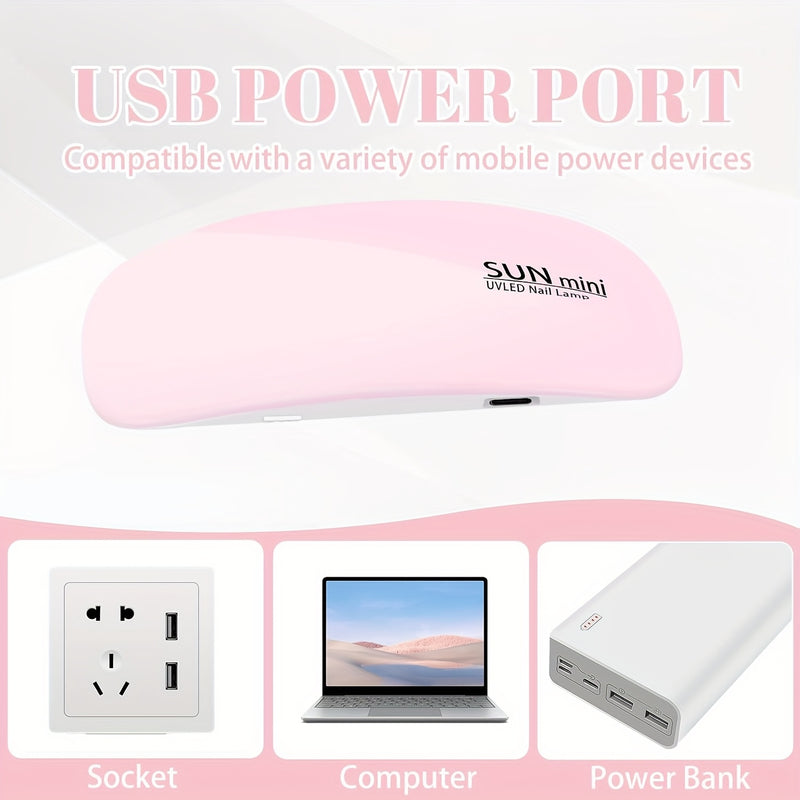 Mini lámpara de gel para uñas, secador de gel LED portátil con USB, luz de curado, adecuado para todas las herramientas y accesorios de arte de uñas profesionales, incluye 6 limas de uñas.