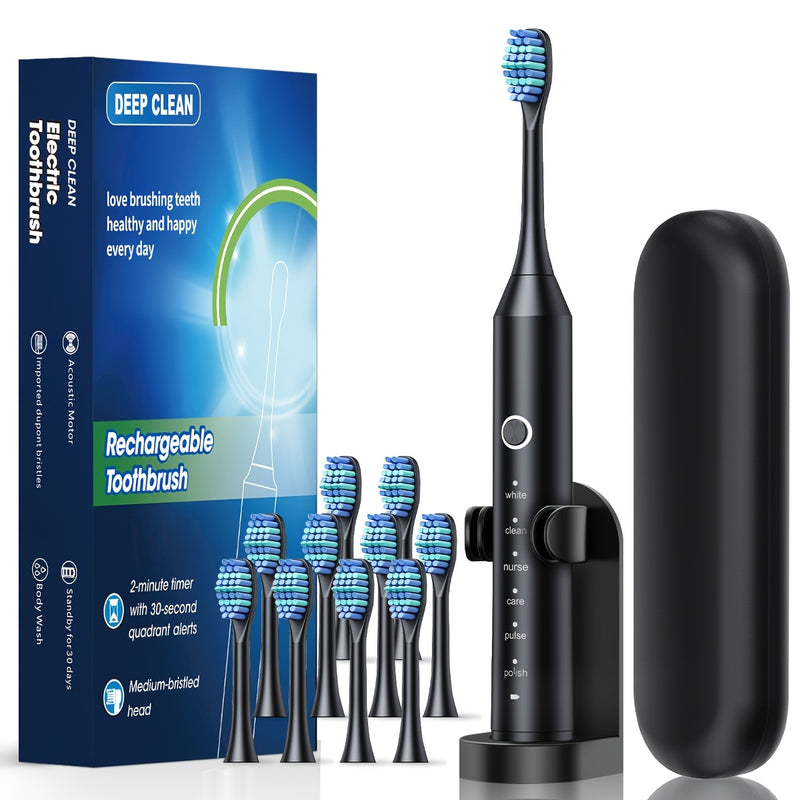 Cepillo eléctrico automático recargable para adultos, 6 modos de limpieza, batería de polímero de litio, carga USB, ≤36V, con cerdas suaves para limpieza profunda de dientes y hilo dental.