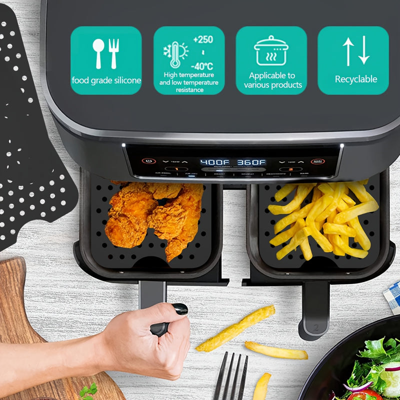 Juego de Accesorios para Freidora de Aire de 8 Piezas con 2 Tapetes de Silicona Antiadherentes, 2 Rejillas de Acero Inoxidable y 4 Brochetas - Resistentes al Calor, Reutilizables para Cocinar Saludable, Hornear y Asar - Incluye Compatibilidad con Cesta D