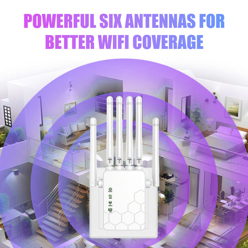 Amplificador de Señal WiFi con 6 Antenas - Banda Doble 2.4GHz/5GHz, Juego en Línea Fluido y 4K, Alta Penetración, Seguridad WPS, Enrutador/Punto de Acceso Dual, Conexión para Hogar Oficina Café (Enchufe US, 110-130V), Amplificador de Wifi de Alta Velocid