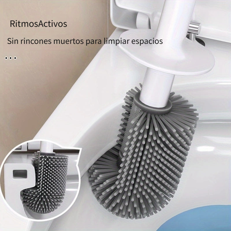 1 Juego de Cepillo para Inodoro con Mango Largo Montado en Pared, Diseño Sin Taladro, Cerdas Flexibles de Silicona para Limpieza Profunda, Accesorios de Baño, Herramienta de Limpieza