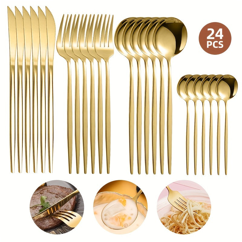 24 piezas de cubertería de acero inoxidable en dorado, con estilo elegante portugués, adecuado para 6 personas, incluye cuchillos para bistecs portugueses, tenedores, cucharas y cucharitas, juego de cubertería de acero inoxidable dorado de lujo, ideal pa