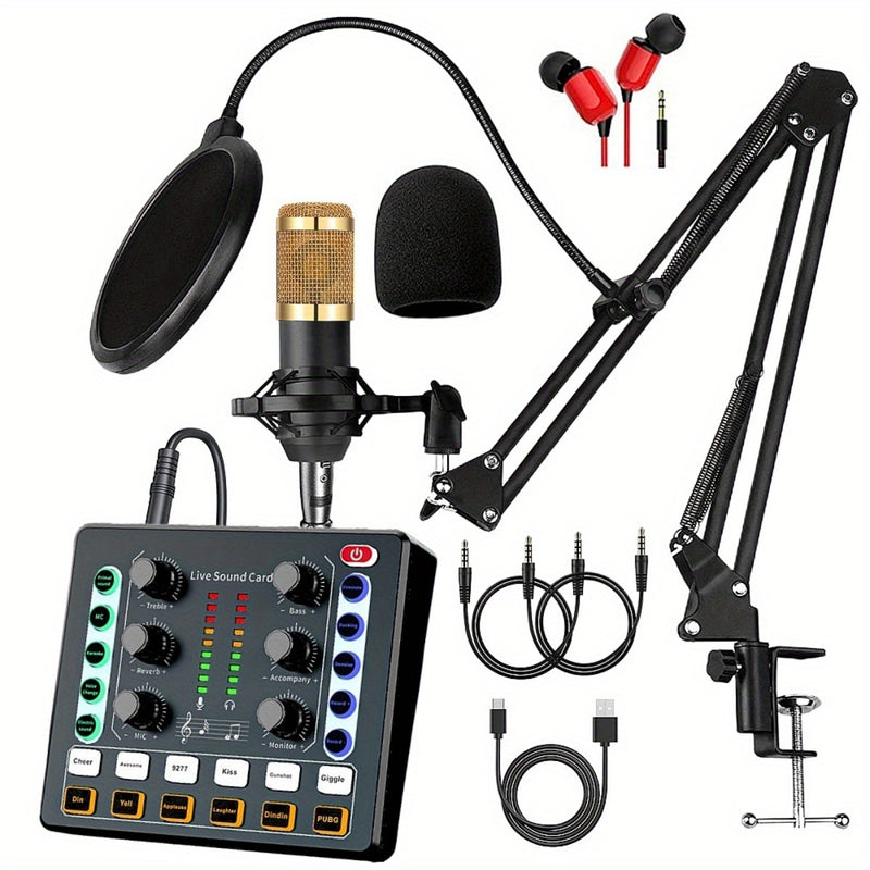 Paquete Todo en Uno de Equipo para Podcast con Micrófono Condensador BM800 y Tarjeta de Sonido En Vivo - Cancelación de Ruido DSP, 12 Cambiadores de Voz/Efectos de Sonido, Control de Volumen, Alimentado por USB/Pila, Brazo Ajustable & Filtro Anti-Pop par