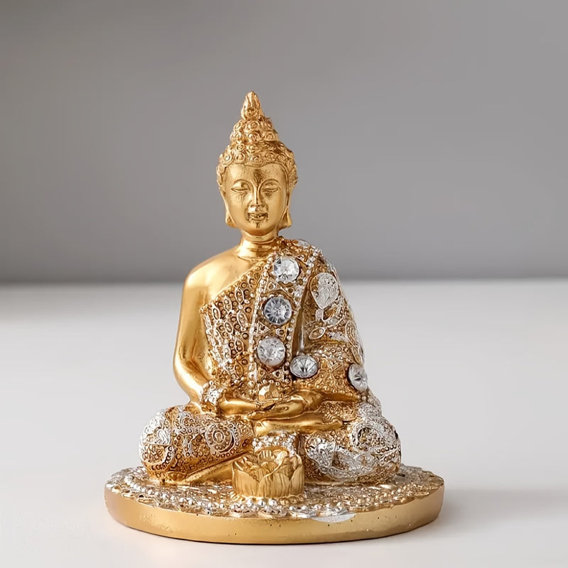 1pc Quemador de incienso de Buda dorado elegante, arte de resina con acentos de cristal, decoración zen para meditación, yoga, sala de té - Porta incienso sin humo para días festivos conmemorativos