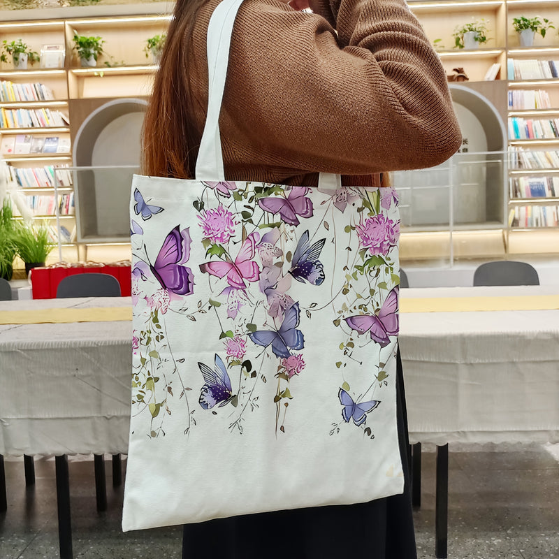 1 pieza de bolso de lona para mujer con diseño de mariposa y flores - Ligero, plegable, duradero para compras en bibliotecas, escuelas y uso diario, bolso escolar | Diseño floral de mariposa | Bolso plegable