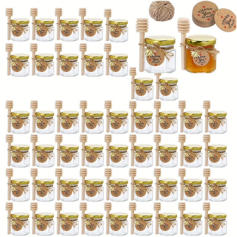 Tarros de Miel de Vidrio Hexagonal Miniatura de 1.5 Onzas, Disponibles en Conjuntos de 20, 30, 50 o 60, Incluyen una Cuchara, Símbolo de Abeja y Tarjeta de Agradecimiento - Tarros con Tapa Dorada, Perfectos para Regalos de Bebé, Bodas y Fiestas.