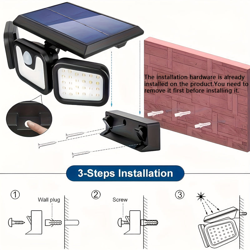 Luz de seguridad solar 74LED con sensor de movimiento para exteriores – 3 modos de iluminación, luz de seguridad con sensor de movimiento LED, luces de inundación solares para la puerta principal, patio, garaje, acera, camino