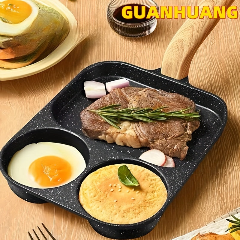 Sartén Antiadherente de Aluminio GUANHUANG para Tortitas y Huevos con Mango de Madera - Diseño de 2 Secciones para Desayunos Perfectos, Compatible con Estufas de Gas e Inducción, Ideal para Huevos, Hamburguesas y Filetes