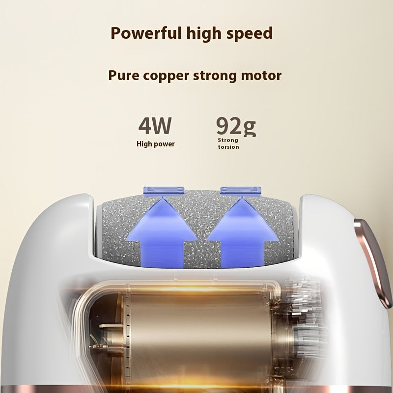 Extracción de pies eléctrica recargable con 6 cabezas intercambiables para luz muerta beige y pulido, alimentada por USB, diseño suave de doble tono en blanco y dorado, mango ergonómico para un uso cómodo.
