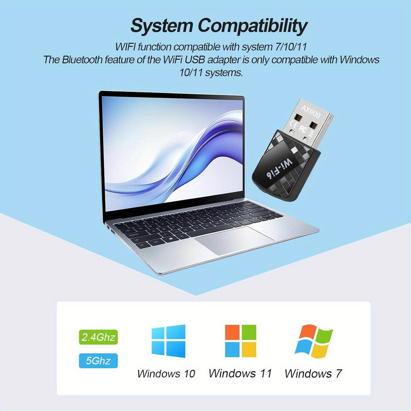Conector de red inalámbrico AX900Mbps USB WiFi 6 con 5,4 - 2 en 1 transmisor de red inalámbrica de doble banda para PC, portátil y escritorio - Soporte WPA3, compatible con Windows 11/10/7, doble banda 2,4G/5G, no necesita batería, modo de alimentación U