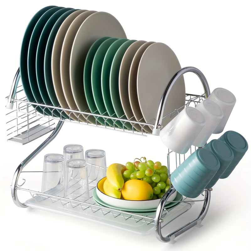 Estante de platos de acero inoxidable en forma de S de dos niveles - Organizador de cocina de encimera que ahorra espacio para platos y tazones, fácil de ensamblar, estructura de hierro duradera, solución de almacenamiento de cocina | Estante metálico el