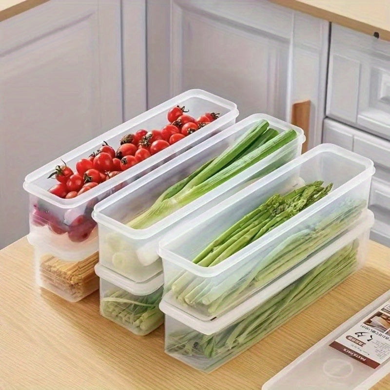 Juego de cuatro contenedores largos para almacenamiento de alimentos, ideales para mantener cebollas verdes, cilantro, jengibre, ajo, fideos y huevos organizados en el refrigerador, perfectos para esenciales de la cocina.