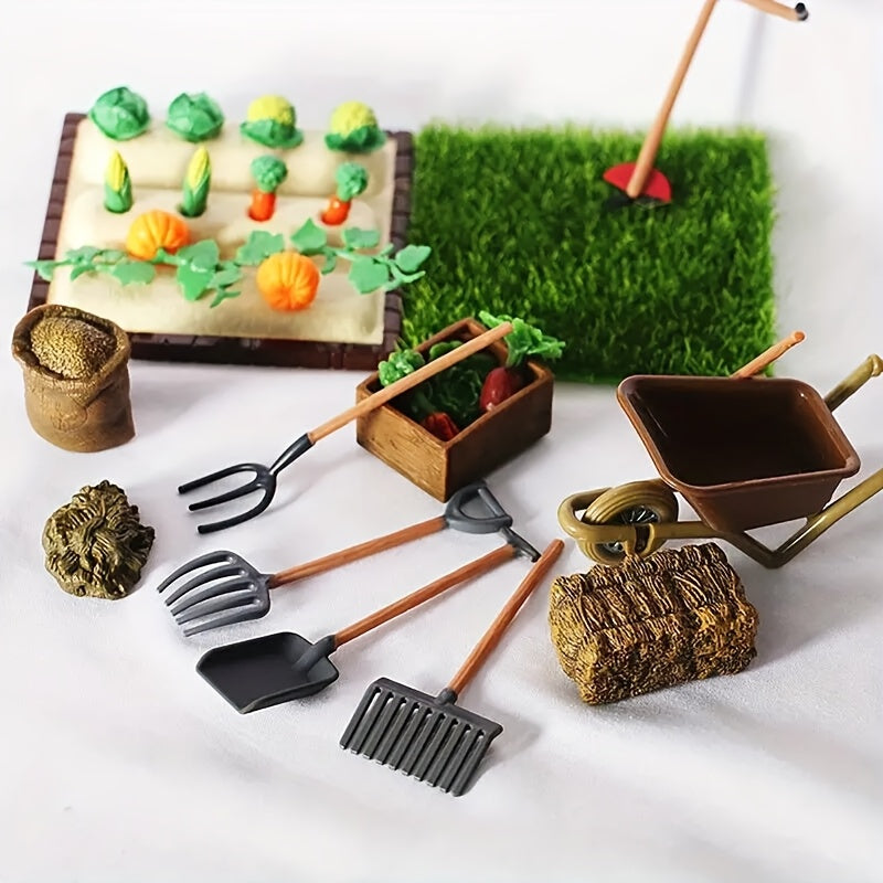 Juego de Jardín Mini Granja de 7 Piezas con Pala de Plástico, Rastrillo y Cortacésped - Incluye Modelos de Verduras para Decoración de Plantación Exterior