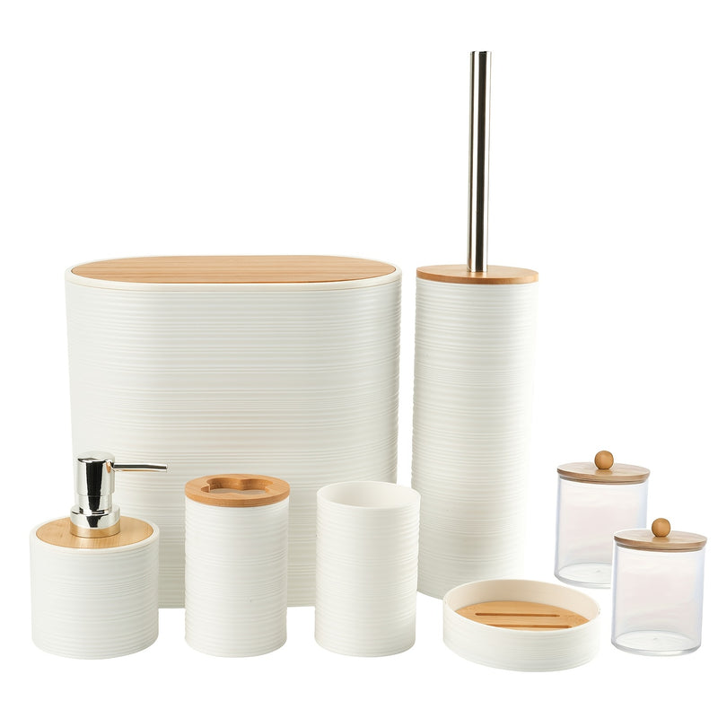 Juego de accesorios para baño de bambú, 8 piezas, con dispensador de jabón, portacepillos, vaso para cepillo de dientes, jabonera y frasco para hisopos, ideal para baño, sala, cocina o como regalo de casa nueva para familia y amigos