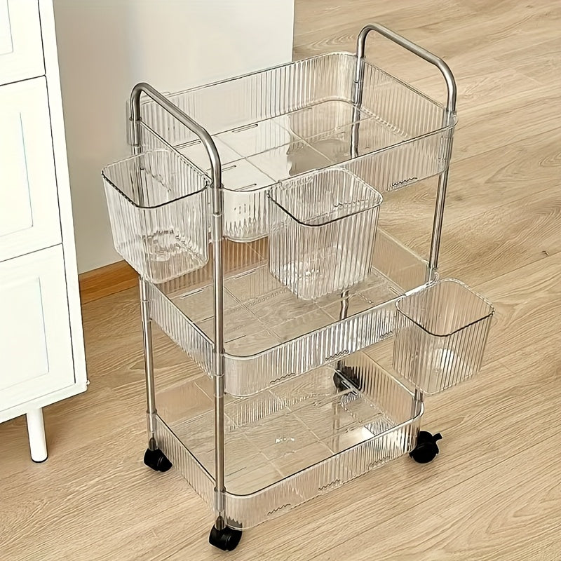 Carrito de almacenamiento acrílico transparente de 3 niveles con ruedas giratorias de 360°, diseño duradero y ahorrador de espacio para organización en el hogar y el baño, incluye 3 contenedores transparentes, solución de almacenamiento para baño, carrit