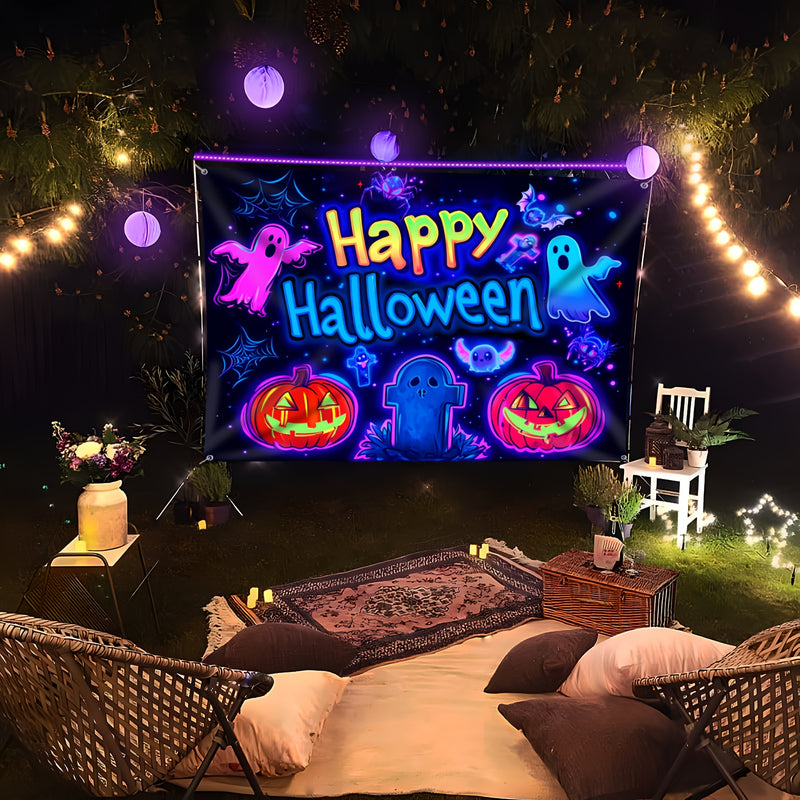 Tapiz Fluorescente Grande de Calabaza y Fantasma de Halloween - Decoración Exterior Reactiva a UV, Fondo de Fiesta Fácil de Colgar, Regalo Festivo Perfecto