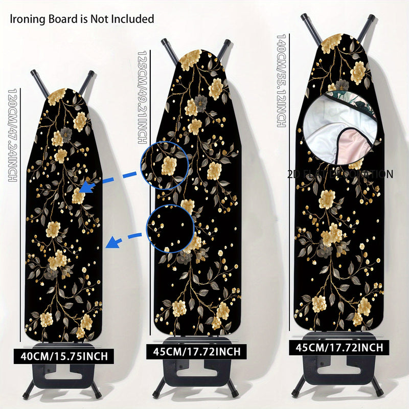 2D Plano, 2D Plano Tapete de Tablero de Planchar Floral - Lavable, Diseño Sin Planchar, Fácil de Instalar, Se Ajusta a la Mayoría de Tamaños Estándar, Elegante Patrón Floral Negro y Dorado, Perfecto para Decoración del Hogar, Accesorios de Planchar, Deco