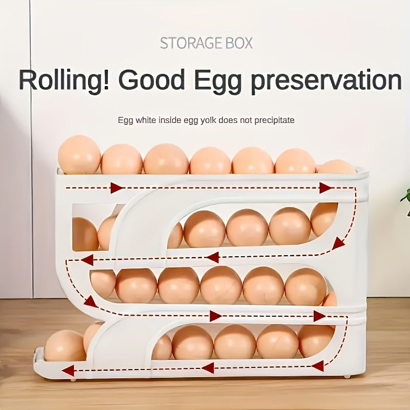 Un soporte de huevo de tres niveles para el refrigerador puede almacenar hasta 20 huevos a la vez, con un diseño de rodadura automática para el almacenamiento y distribución de huevos.