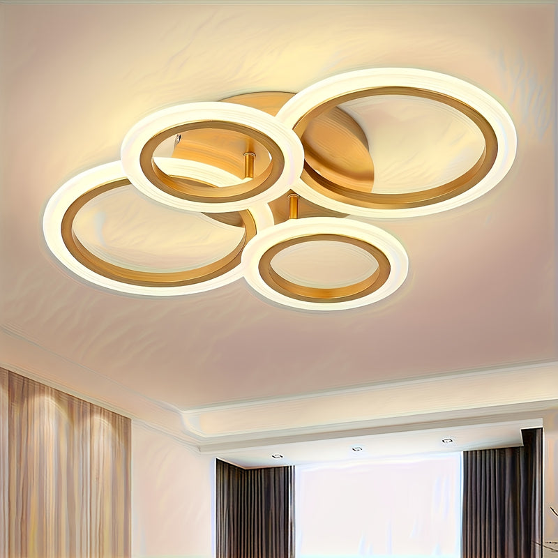 1 pza. lámpara de techo moderna con 4 anillos LED, luz cálida, acabado metálico, brazos ajustables, ideal para cocina, dormitorio, sala, lavandería, incluye hardware de instalación, solución de iluminación moderna, lámpara de techo elegante, luz con braz