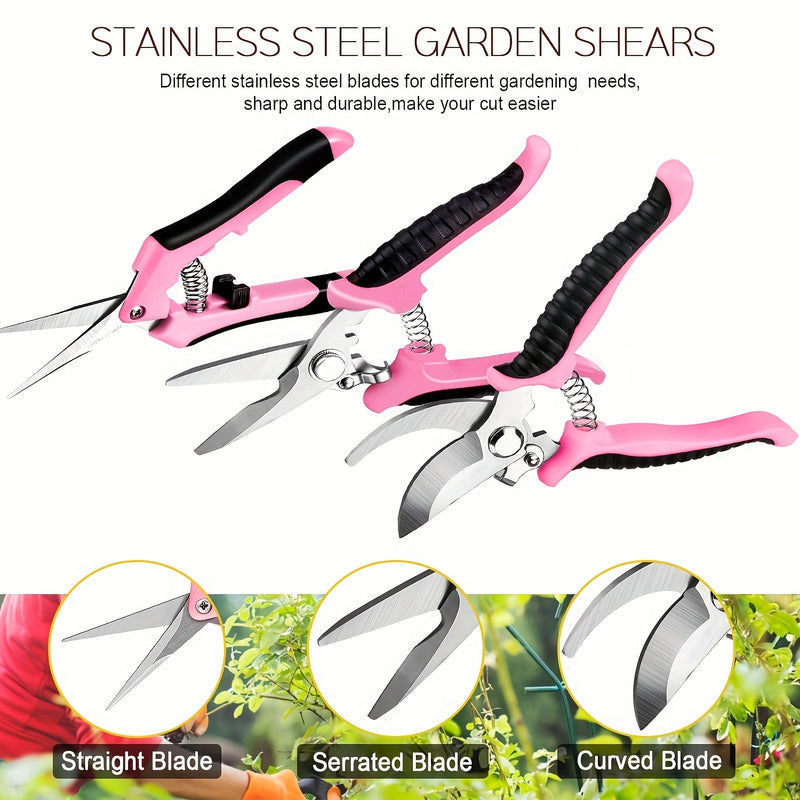 3 piezas de tijeras de poda florales profesionales rosas, tijeras de poda para jardinería, tijeras de rama con cuchillas de acero inoxidable, juego de herramientas de poda portátiles en embalaje en caja.
