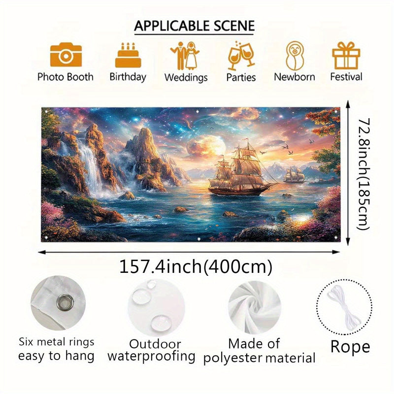 Banner para Puerta de Garaje Estrellado Cascada 1 pieza - Gran Telón de Fondo Decorativo Exterior con Barco de Vela, Cascada y Escena de Atardecer para Fiestas, Vacaciones y Decoración del Hogar