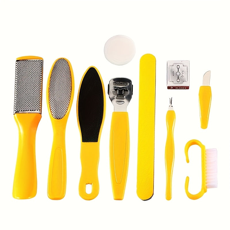Kit completo de cuidado de pies: Kit de pedicura de plástico amarillo con eliminador, lima y raspador - Sin olor, sin batería para un bronceado suave y claro beige.