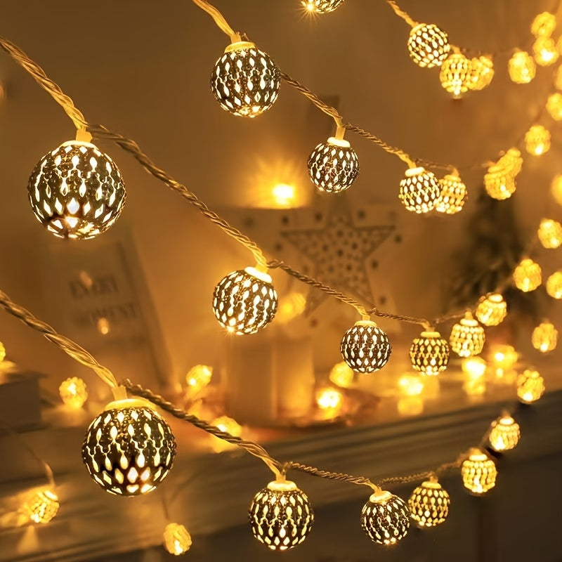 1pc Luces de Cadena con Bolas de Hierro de Inspiración Marroquí - Amarillo, Fijación No Removible, Funcionan con Pilas (Pilas No Incluidas), 36V o Menos, Material de Hierro con Fuente de Luz Incorporada, para Fondo Festivo y Decoración Fotográfica, Ilumi
