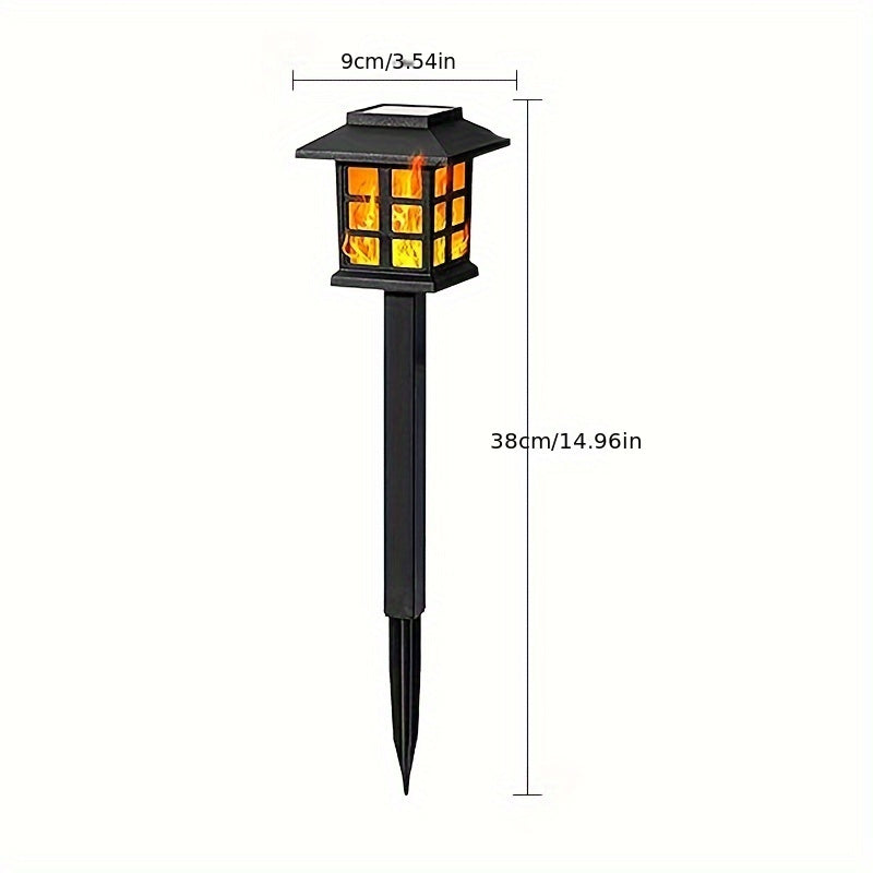 Conjunto de 6 Luces Solares con Efecto Llama LED para Caminos - Iluminación Decorativa para Jardín y Césped Exterior, Efecto de Llama Amarilla Cálida, Soportes Metálicos Negros con Acentos de Cristal, Perfectas para Navidad, Patios y Paisajismo, Luz Ambi