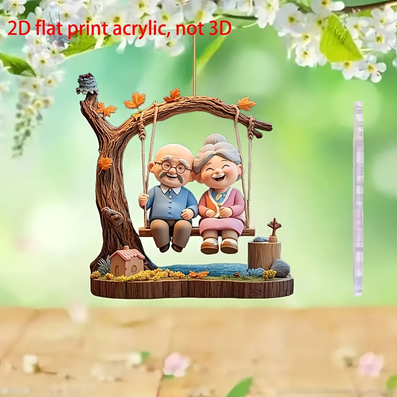 Colgante decorativo plano 2D de columpio para abuelos en acrílico, adecuado para decoración del hogar, colgante para espejo retrovisor del coche, decoración de mochila, Día de la Madre, Día del Padre y otros adornos festivos, Colgante Plano 2D