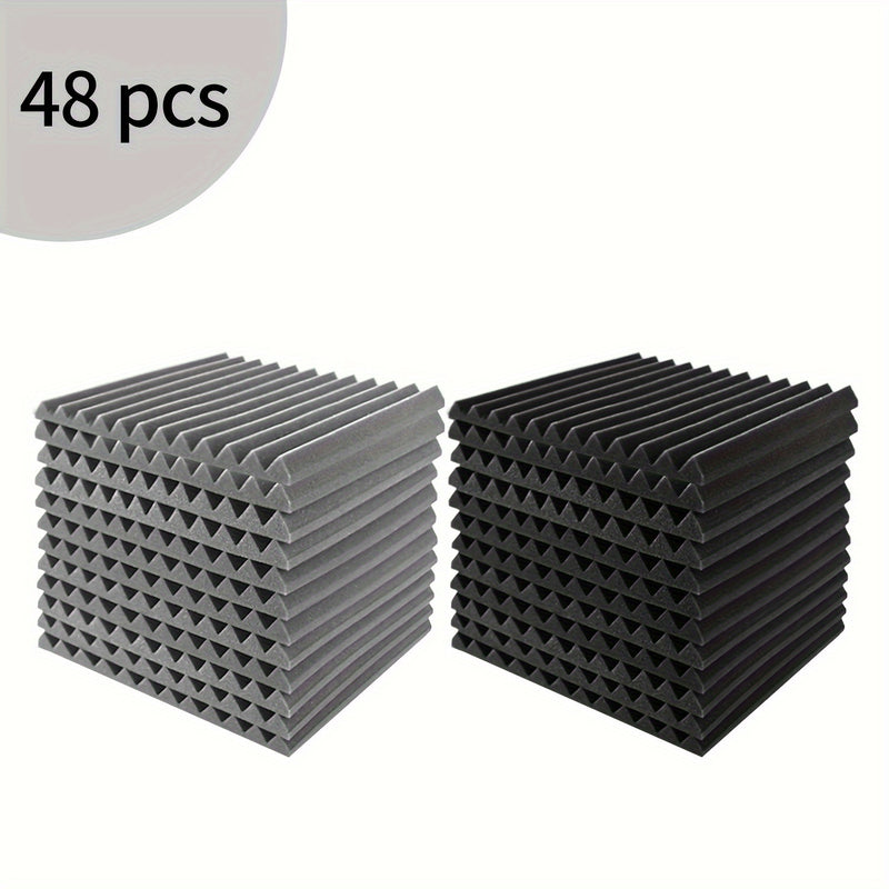 48pcs Paneles de Espuma Acústica, Cuñas de Aislamiento Acústico para Estudio, Relleno Antifuego y Aislante de Sonido, Cuñas de 1"×12"×12" Tratamiento de Absorción con Esponja de Espuma Acústica, Ideal para Dormitorio, Estudio y Oficina, Negro y Gris