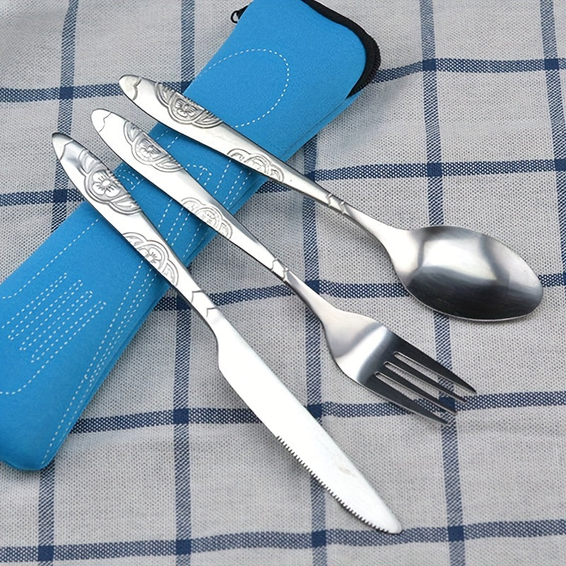 Juego de 3 piezas de cubiertos portátiles, cuchillo, tenedor y cuchara de acero inoxidable con estampado, para camping, barbacoa y uso familiar, incluye bolsa