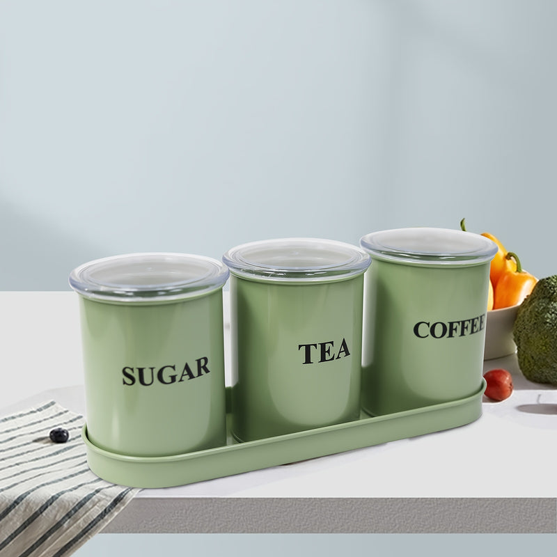 Juego de 3 Tarros para Azúcar, Café y Té, Almacén de Alimentos de Metal Hermético, Tarros de Cocina con Bandeja, Verde