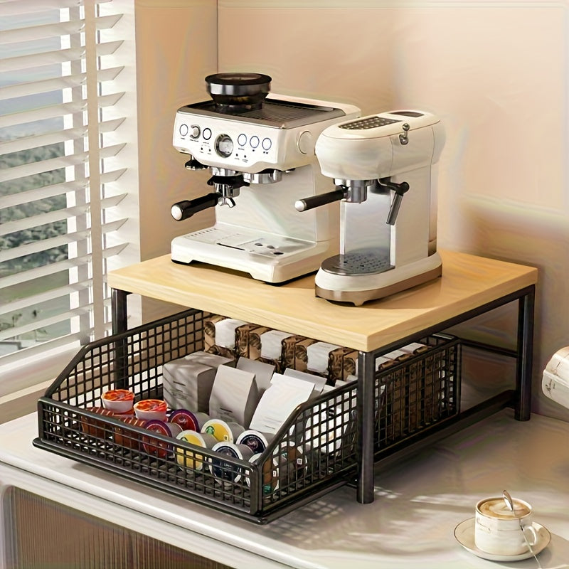 Soporte Moderno para Microondas de Cocina con 1/2 Cajón - Estructura Robusta en Madera Sólida y Metal, Organizador de Encimera Ahorrador de Espacio para Electrodomésticos, Utensilios, Platos y Vajillas - Diseño Estilo, Construcción Duradera