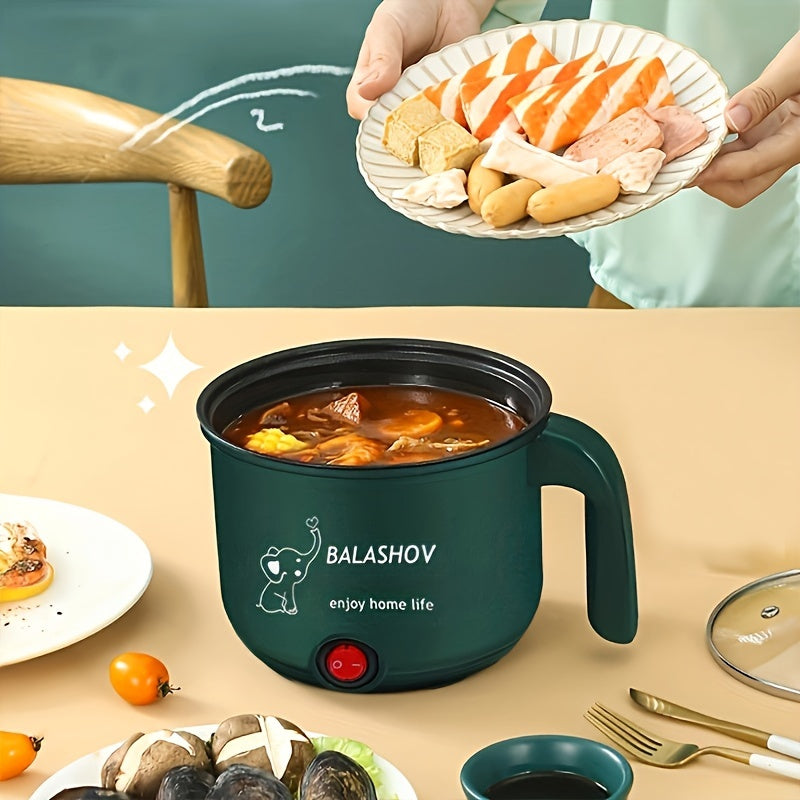 Olla Caliente Eléctrica Portátil BALASHOV de 1.8L con Vaporera - Antiadherente, Sartén Mini Multifuncional para Ramen, Fideos, Pasta, Huevos, Sopa y Avena - Verde, Diseño Viajero con Aislamiento Antiescaldado, Electrodoméstico de Cocina para Residencias