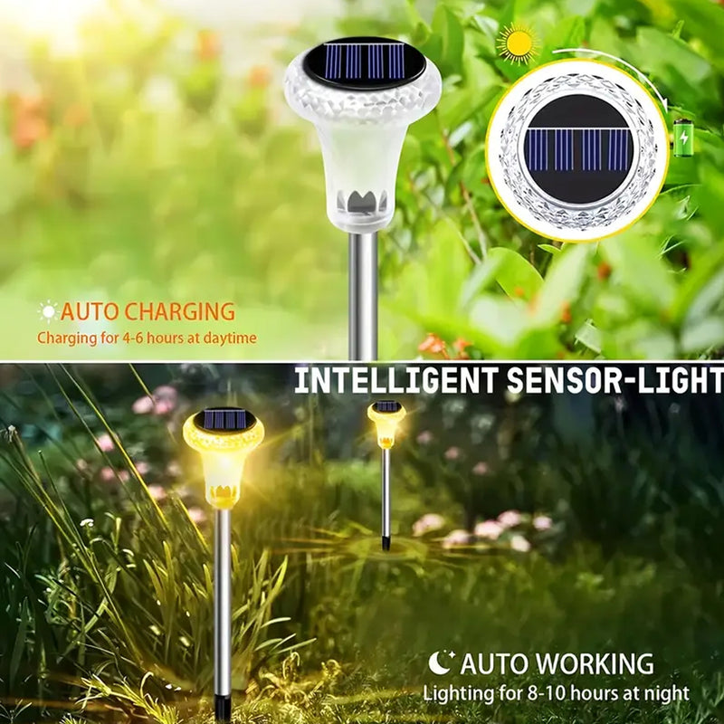 Dos, cuatro o seis luces solares para jardín al aire libre, lámparas LED de acero inoxidable, compactas y prácticas, base de lámpara de cristal solar, adecuadas para iluminación de jardines, entradas y patios.