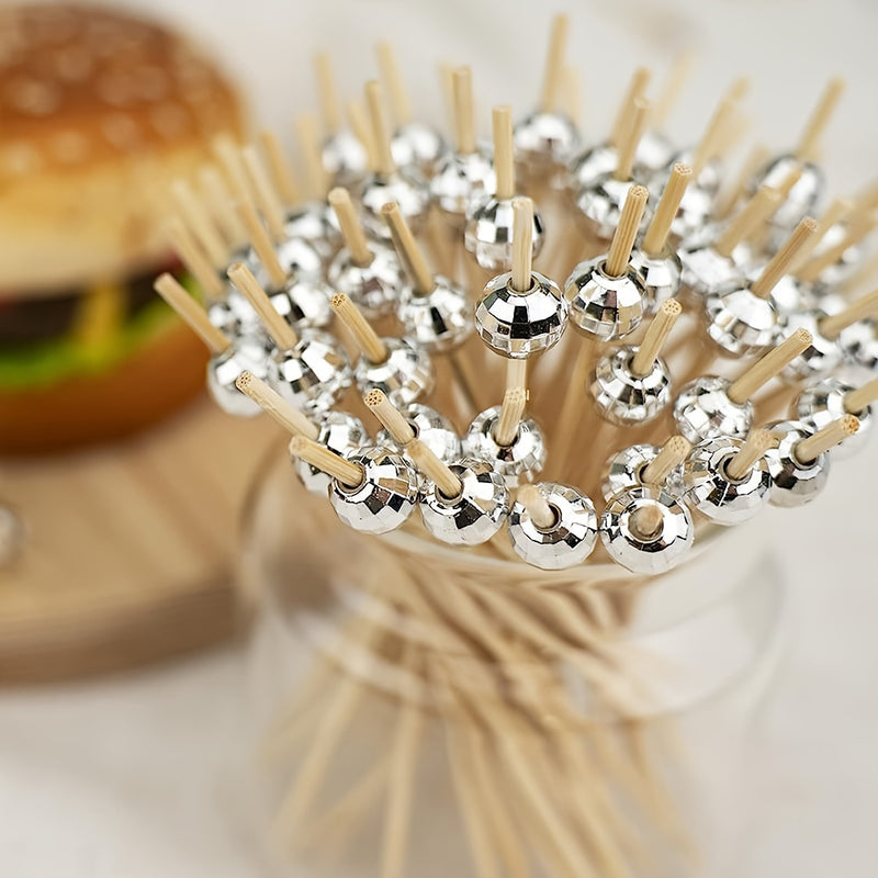 100 piezas de palillos de cóctel con cuentas plateadas espejadas y bolas espaciales, elegantes brochetas de bambú para fiestas, decoración de bares, frutas, pasteles y bocadillos