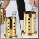 Caja organizadora de utensilios de cocina de acero inoxidable dorado, con soporte para palillos, cucharas y cubiertos, con agujeros de drenaje, ideal para herramientas, espátulas, cucharas y cubiertos, decoración de cocina