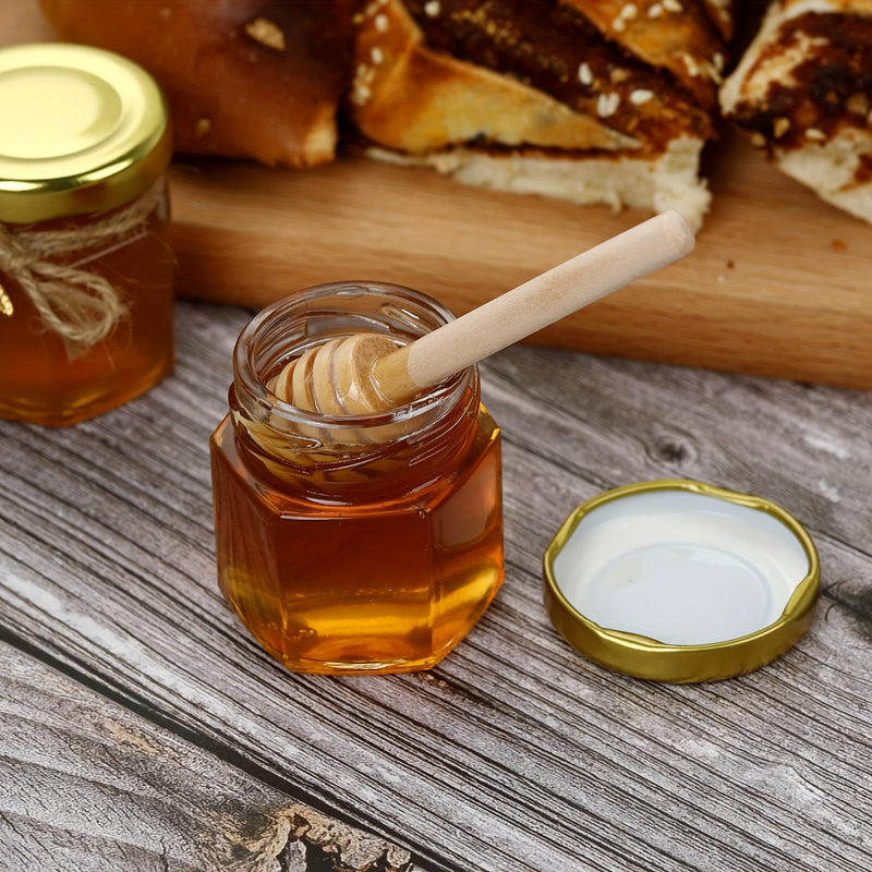 60/50/30/20 piezas de frascos de vidrio para miel, frasco hexagonal mini de 1.5 oz con cuchara de madera, tapa dorada, colgante de abeja y cuerda de yute, para mermeladas, dulces, baby shower, bodas y fiestas