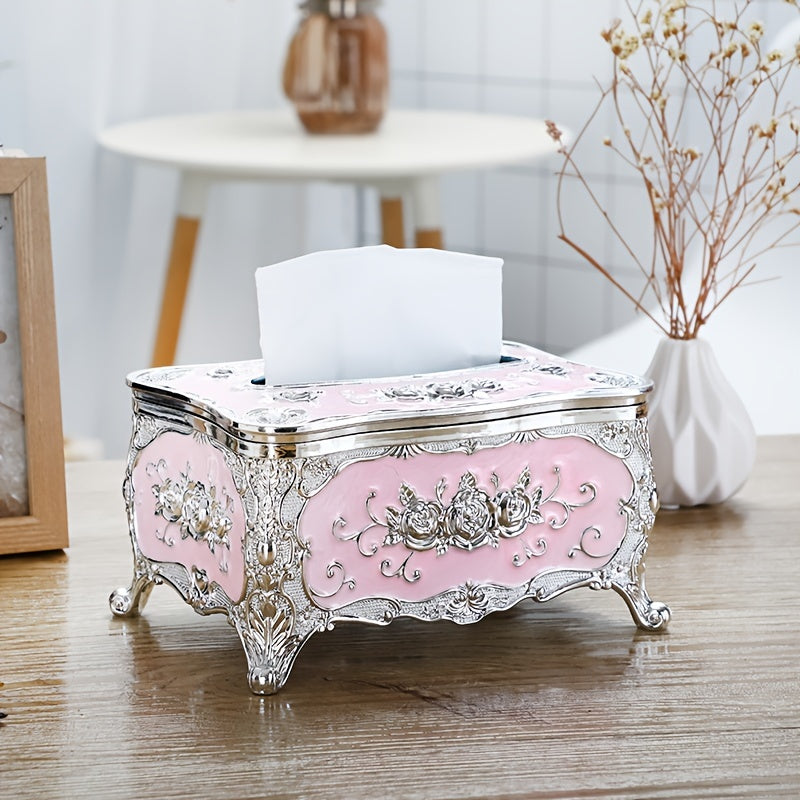 Caja de Pañuelos con Patrón de Rosas al Estilo Europeo Elegante - Plástico Duradero, Diseño Cuadrado para Uso en el Hogar y el Coche
