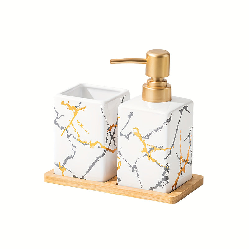 3 piezas de dispensador de jabón de mano de cerámica con patrón de mármol con bandeja de bambú - Negro y dorado, diseño independiente para encimera de baño, ideal para almacenamiento de loción y jabón, organizadores y almacenamiento de baño.