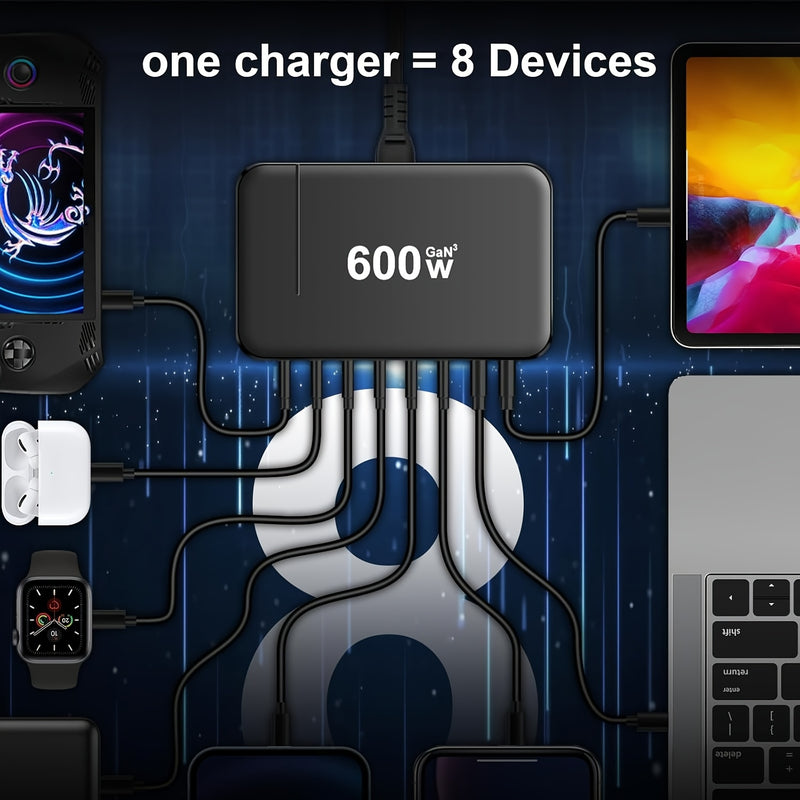 1pc de nuevo cargador rápido USB tipo C Gan de 600 W con carga rápida 3.0 para dispositivos móviles, con 8 puertos y 5C3A PD, fácil de transportar, adecuado para la carga de tabletas.