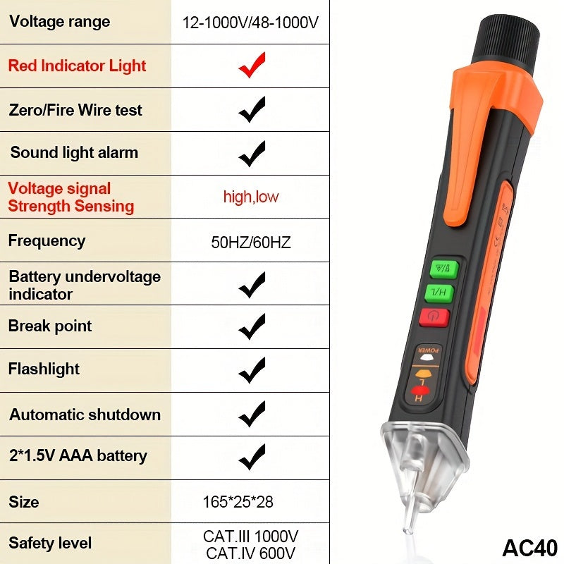 Detector de Voltaje Inteligente sin Contacto en Forma de Bolígrafo - Detección de 12-1000V AC/DC con Puntero Láser, Prueba de Cable Cero Fuego y Alarma Sonora, Sensor Eléctrico Portátil para Circuitos (Batería No Incluida), Probador de Voltaje