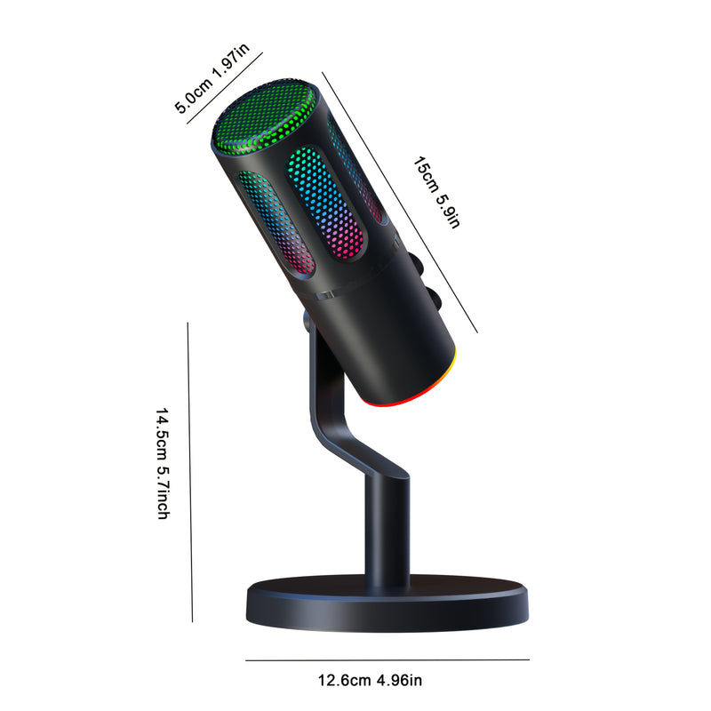 Micrófono Lewinner USB con Iluminación RGB, Cancelación de Ruido, Botón de Silencio - Ideal para Juegos, Podcasts, Twitch, PC y Smartphone - Micrófono Condensador Negro con Soporte Ajustable, LEWINNER