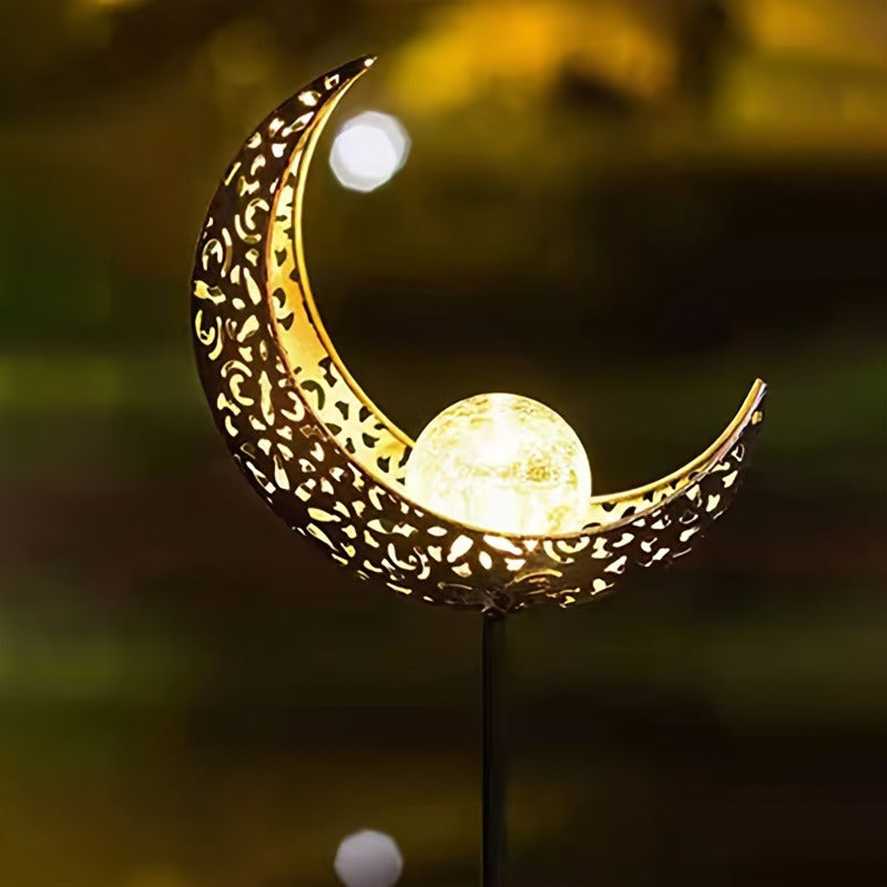 Luz de forma de luna alimentada por energía solar - Decoración de metal impermeable con vidrio agrietado, ideal para césped y jardín, iluminación de camino al aire libre (IP65), batería de níquel cargada por energía solar, 600mAh, iluminación de camino a