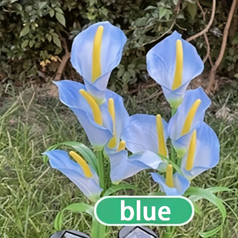 1 lámpara solar de flor de cala LED, decoración vibrante para jardín con luces verde, azul, roja y naranja, ideal para patio, césped, cerca o entrada, carga solar eficiente, luces decorativas para exteriores | Lámpara de jardín vibrante | Lámpara con car