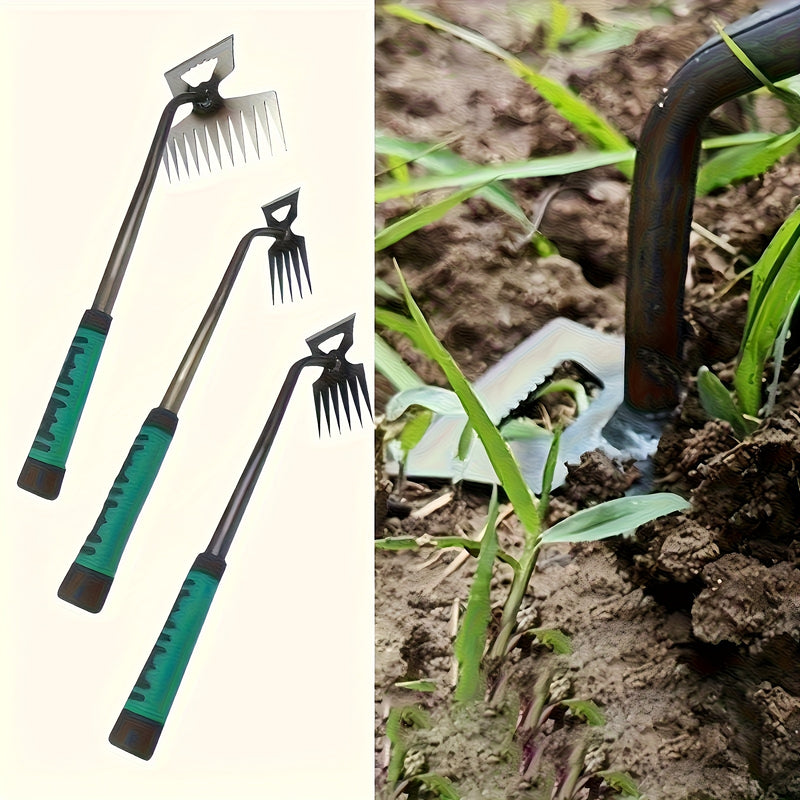 1 pieza Herramienta de Deshierbe Duradera de Acero al Manganeso - Rastrillo de Jardín Portátil con Mango Verde Ergonómico para la Fácil Eliminación de Suelos y Verduras Silvestres, Pala Manuales de Doble Propósito para Tareas de Jardinería, Jardinería Ma