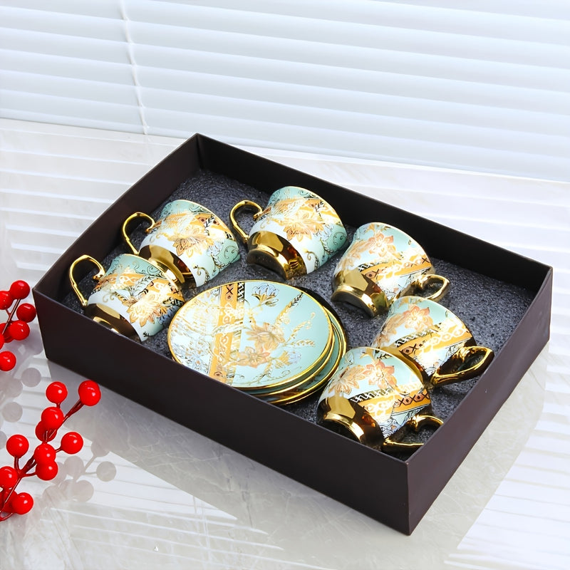 Juego de 6 tazas de café de cerámica estilo europeo con plating, diseño elegante azul y dorado, solo lavado a mano, reutilizable, uso múltiple, incluye salseras y tazas que se ajustan, accesorio para bar de café.