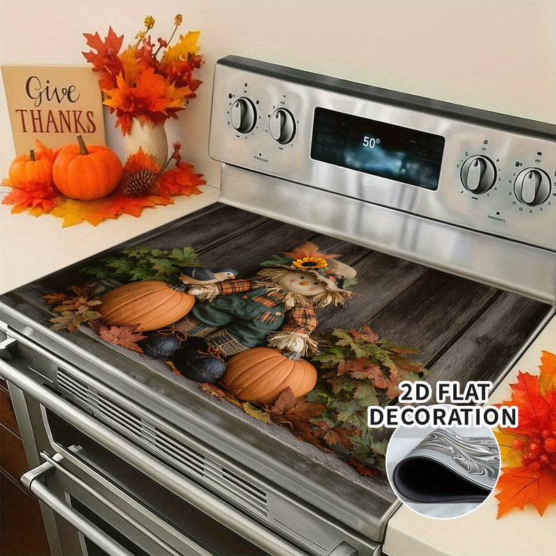 1pc Cubierta de Estufa para Acción de Gracias - con Espantapájaros, Calabazas y Hojas de Otoño - Superficie Antiadherente, Resistente a Arañazos y al Calor - Compatible con Estufas Eléctricas/Gas - Fácil Instalación para Decoración de Cocina en Otoño - A