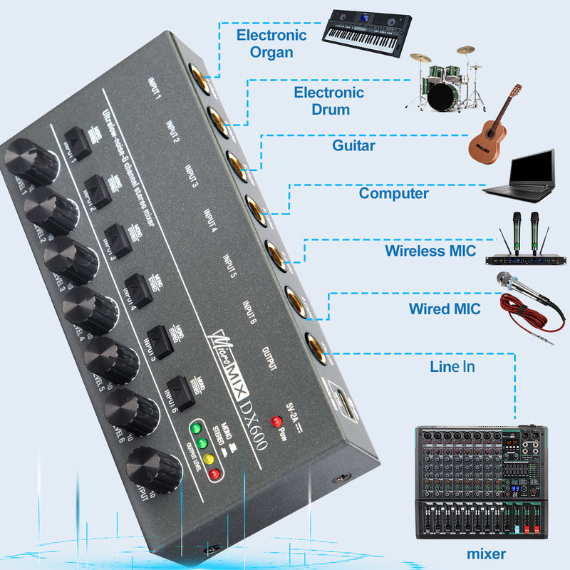 Mezclador de Audio de 6 Canales con Entrada y Salida Estéreo, Carga USB, Voltaje de Operación ≤36V, Negro - Ideal para Mezcla de Guitarra, Bajo, Teclado, Actuaciones En Vivo, Grabación de Estudio, Mezclador Musical